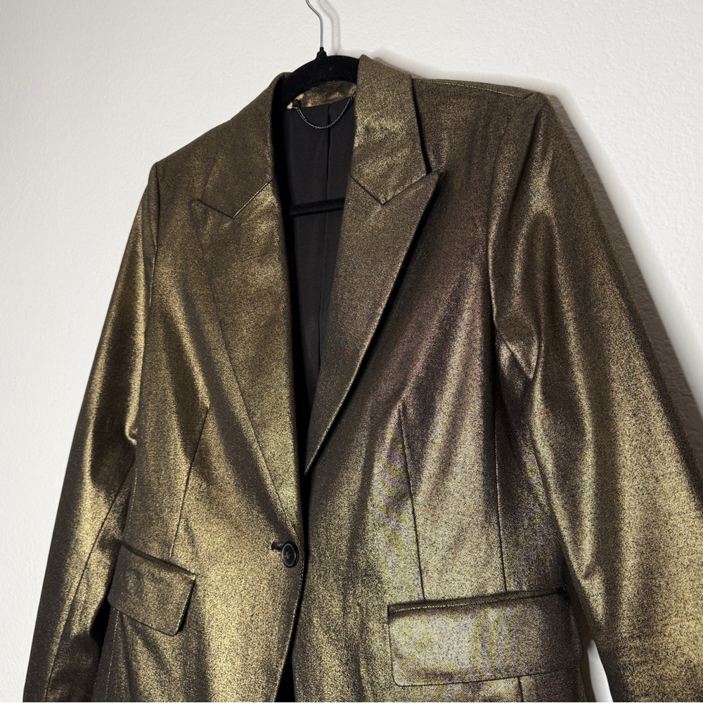 AllSaints Blazer Metallic Gold Single Button Faux Pocket Lined Jacket Size 4 - Picture 2 of 7